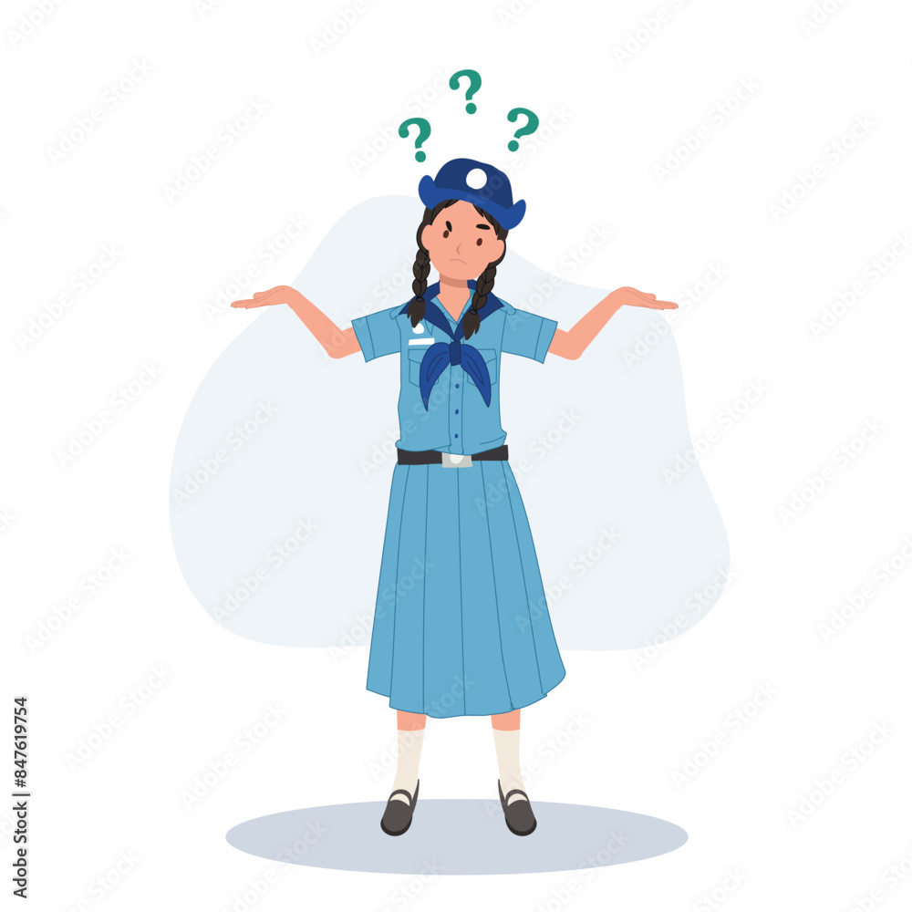 Obraz premium young thai girl scout uniform is confusing. gesture body language.