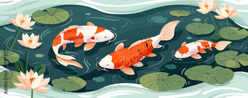 Tranquil garden pond with koi fish and lilies Vector flat minimalistic isolated