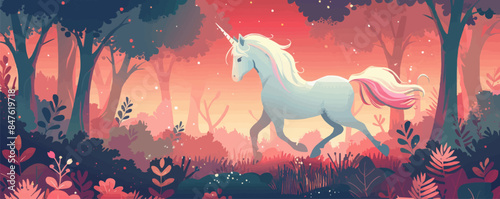 Whimsical unicorn prancing through a magical forest. Vector flat minimalistic isolated illustration.