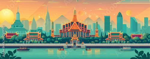 Temple of the Emerald Buddha in the heart of Bangkok. Vector flat minimalistic isolated illustration.