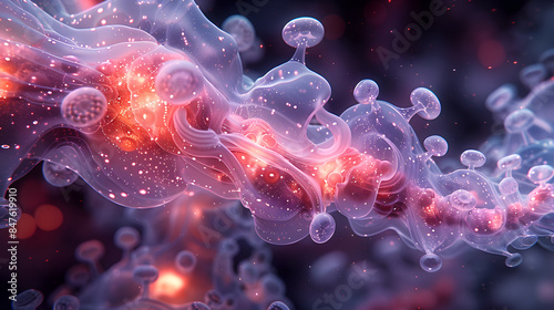 A microscopic 3D world where intricate, glowing tendrils resemble futuristic nanobots interacting with bacteria-like forms.