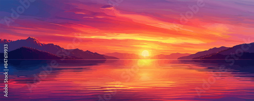 sky with shades of orange and purple over a calm lake. Vector flat minimalistic isolated illustration.