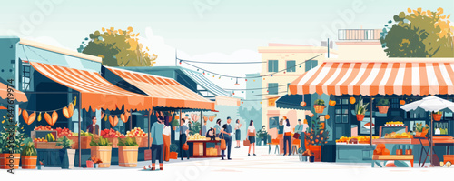 Urban street market with vendor stalls and awnings Vector flat minimalistic isolated illustration