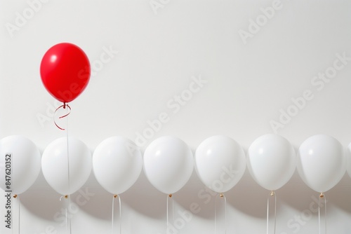 one red balloon among the white balloons goes up in white background. Career opportunity and hiring concept  photo