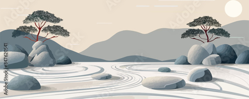 A tranquil zen garden with raked sand and stone sculptures. Vector flat minimalistic isolated