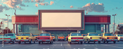 Retro drive-in movie theater with cars parked in front Vector flat minimalistic isolated illustration