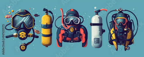 Vintage scuba diving gear with mask, snorkel, and oxygen tank Vector flat minimalistic isolated illustration