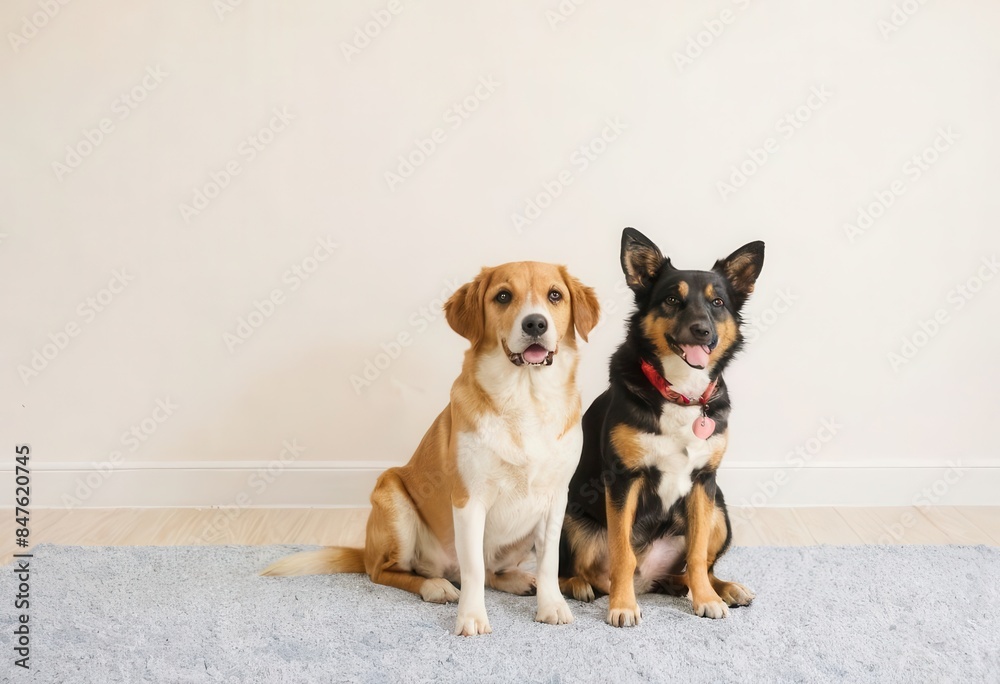 Two dogs sitting on a rug.