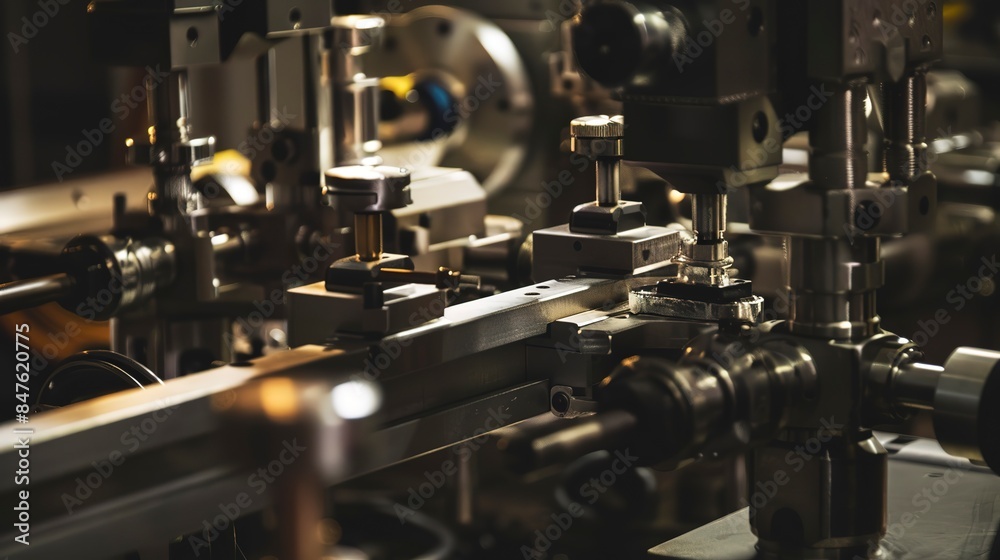Close-up of factory calibration equipment, precision testing, no humans, technical gears, dim light Close-up of factory calibration equipment, precision testing, no humans, technical gears, dim light