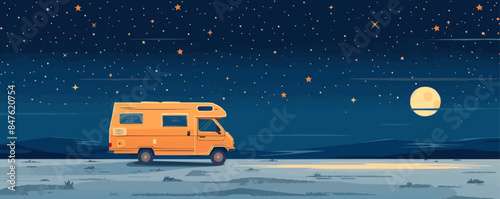 A campervan parked under a starry sky, ready for a night of camping under the stars on a white background. Vector flat minimalistic isolated