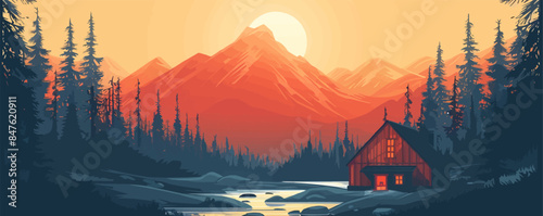 A serene mountain cabin nestled among pine trees with a stream running nearby. Vector flat minimalistic isolated illustration.