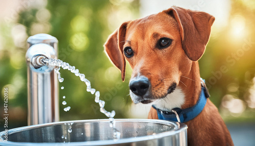 Curious dog with water fountain from public drink water dispenser. Cute puppy dog standing behind and looking at water stream.