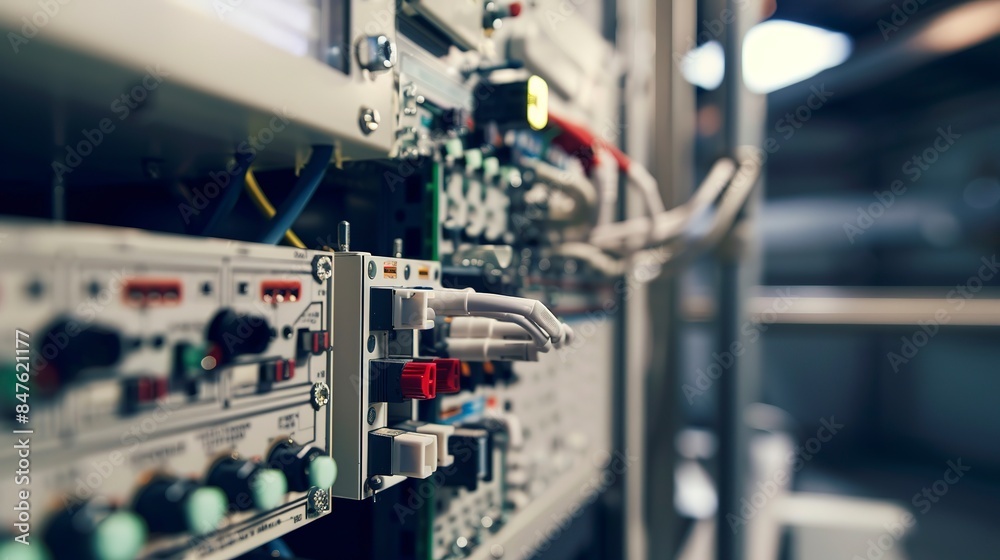 Fototapeta premium Close-up of programmable logic controller, factory energy management, no people, circuit details, sharp light 