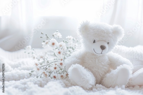 A white teddy bear sits on a soft white blanket with a bouquet of white flowers, bathed in soft, natural light. © Instacraft.Studio