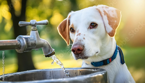 Curious dog with water fountain from public drink water dispenser. Cute puppy dog standing behind and looking at water stream.