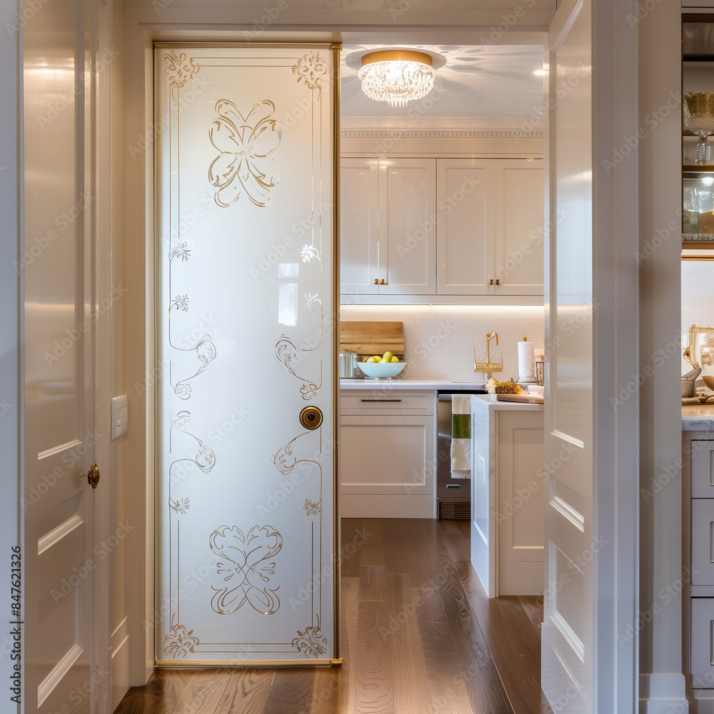 Fototapeta premium Subtle Pantry Details: Frosted Etched Swing Door for Functional Style
