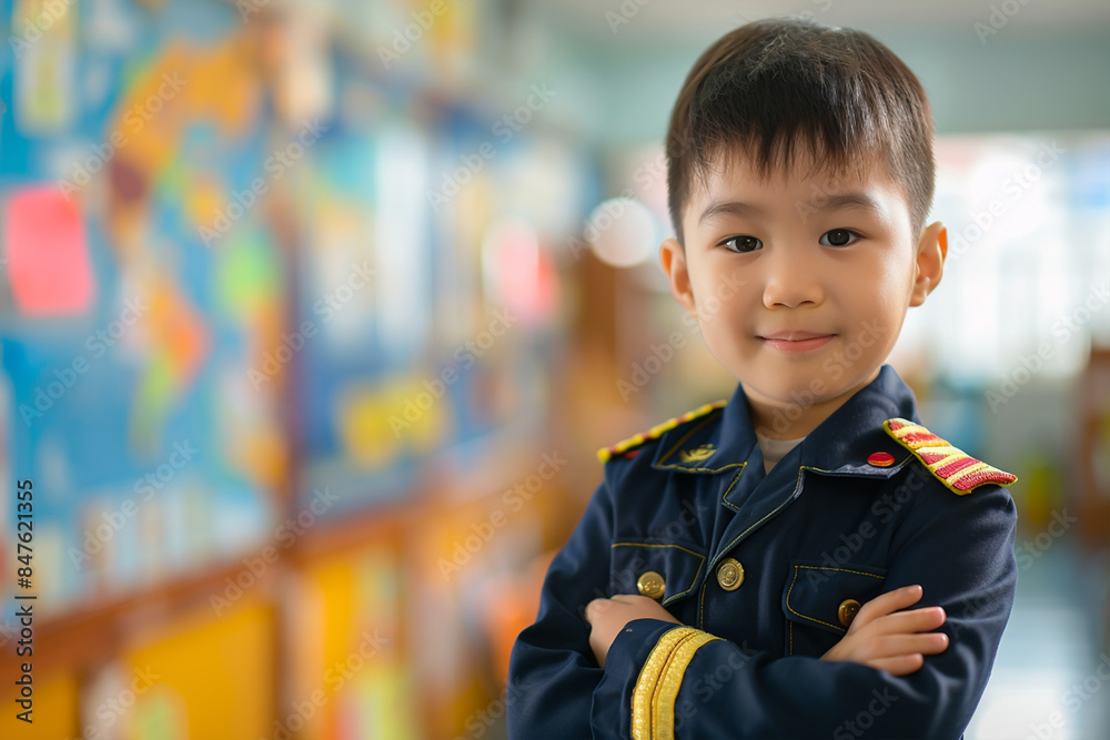 Back to school, A very happy Little boy kid in a pilot dress, standing in school's class room, school kid Back to school, A very happy Little boy kid in a pilot dress, standing in school's class room, school kid