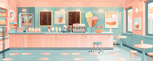 Vintage ice cream parlor with pastel-colored decor Vector flat minimalistic isolated