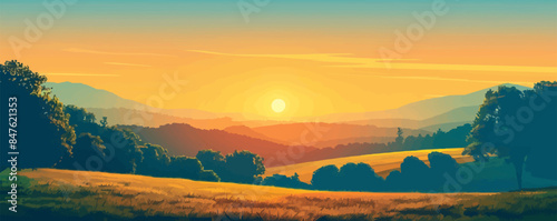 A radiant sunrise casting long shadows over a peaceful meadow. Vector flat minimalistic isolated