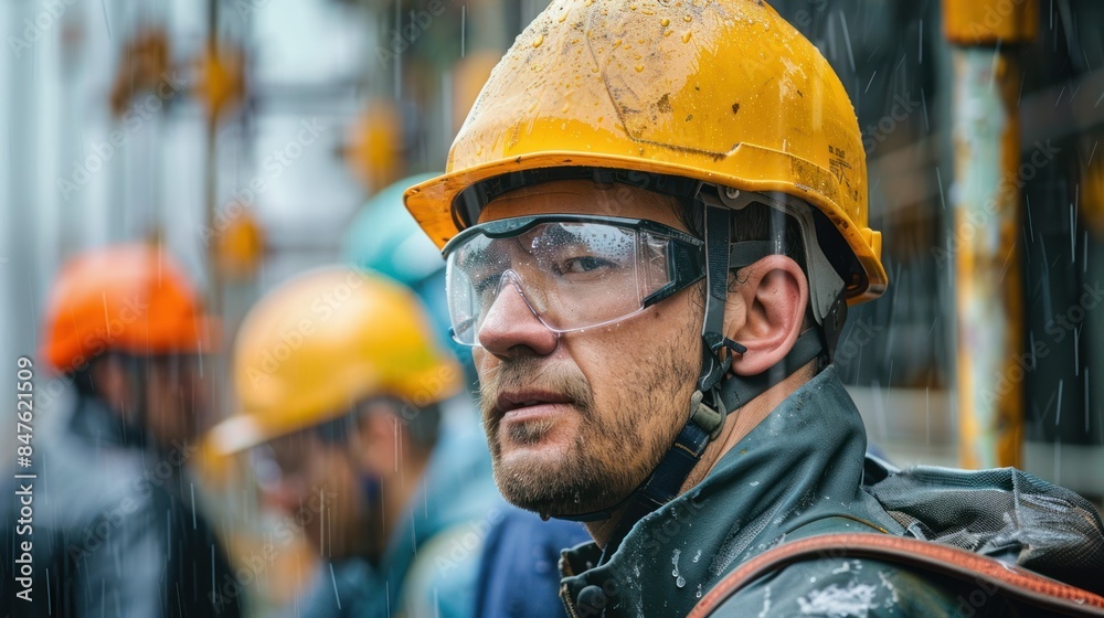 Construction workers wearing helmets and safety glasses work in the rain. Construction workers wearing helmets and safety glasses work in the rain.