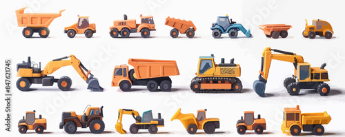 Toy construction vehicles on a white background. Vector flat minimalistic isolated