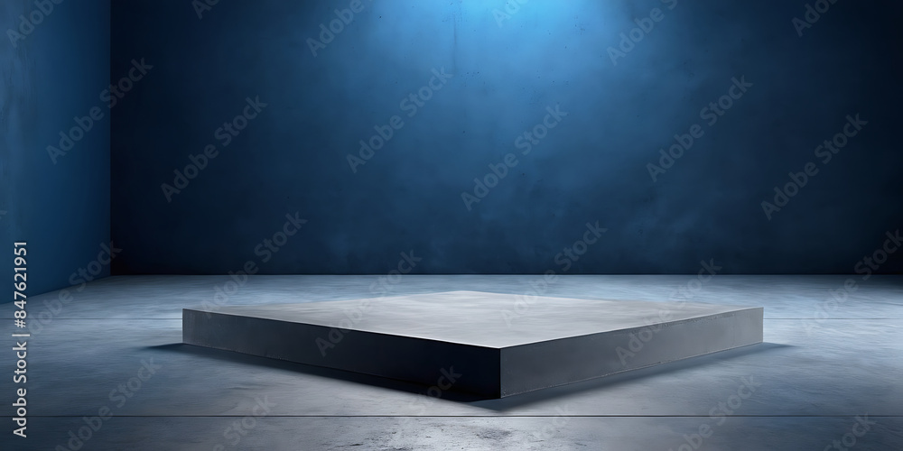 Empty, square podium illuminated by a spotlight in a dark room with a blue-gray textured wall. Perfect for showcasing products, art, or creating a mysterious atmosphere.
Empty, square podium illuminated by a spotlight in a dark room with a blue-gray textured wall. Perfect for showcasing products, art, or creating a mysterious atmosphere.