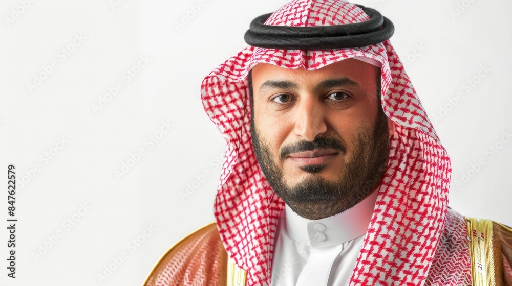 Middle Eastern Saudi man in traditional formal clothing of the Tobe and Shimakh religions on a white background Middle Eastern Saudi man in traditional formal clothing of the Tobe and Shimakh religions on a white background