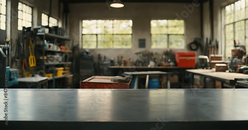 Empty metal workbench in a bustling workshop, ready for creative projects or product displays. Ideal for industrial, manufacturing, or DIY themes.