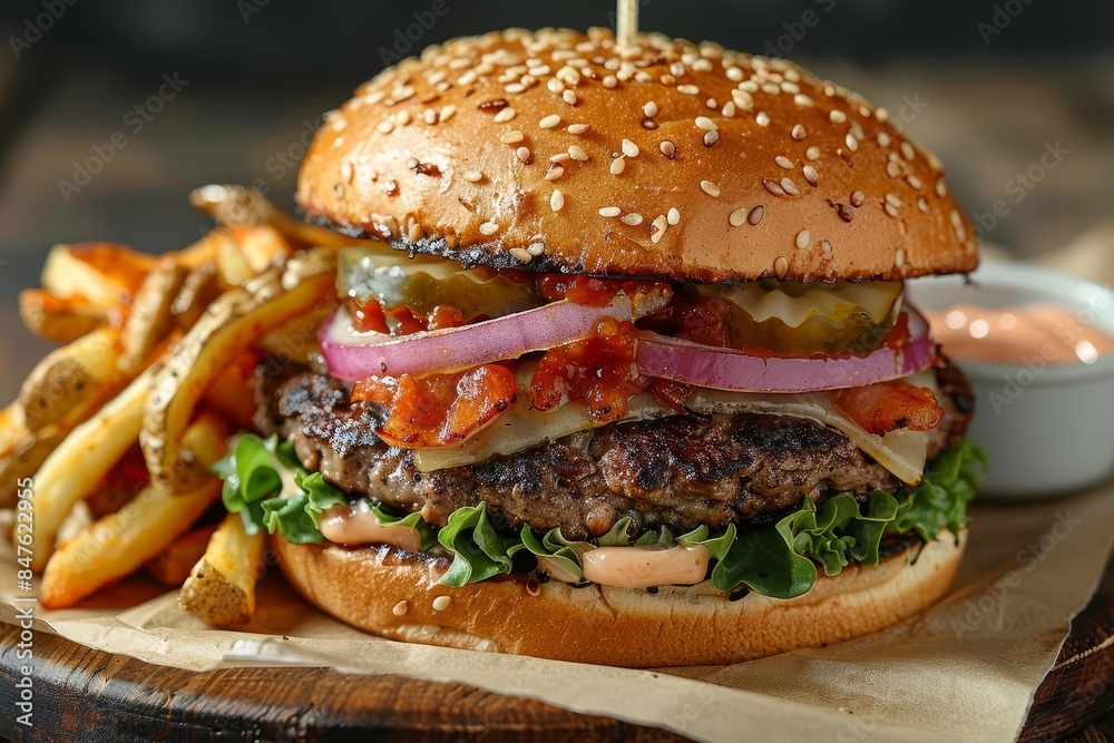 Highresolution image of a gourmet burger with fresh ingredients and a side of fries, suitable for restaurant menus and food delivery Highresolution image of a gourmet burger with fresh ingredients and a side of fries, suitable for restaurant menus and food delivery