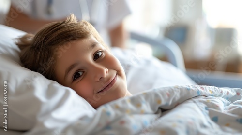 Bright and hopeful scene of a child in a hospital bed, minimalistic design, isolated on a white background. 