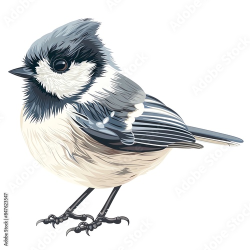 A titmouse clipart, bird element, vector illustration, grey and white, isolated on white background