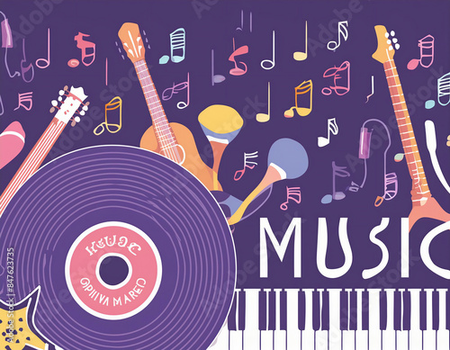 Musical poster featuring instruments, notes, and an LP record disc against a purple background. Copy space for your text or design