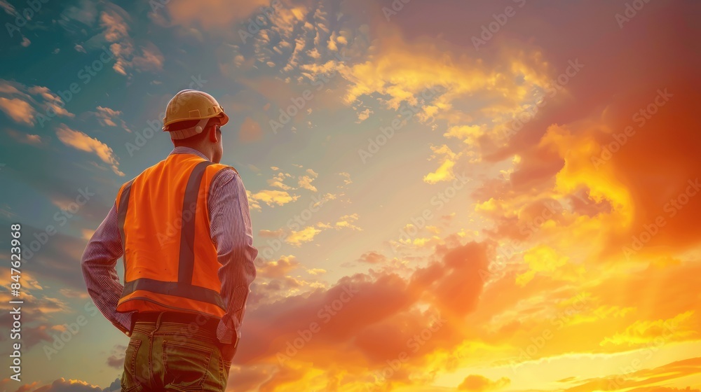 Portrait of a male engineer standing confidently in the center with his back against the backdrop of a sunset sky Portrait of a male engineer standing confidently in the center with his back against the backdrop of a sunset sky