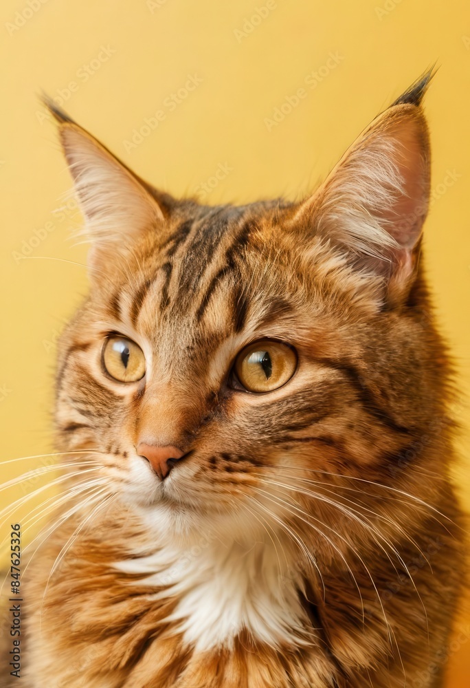 A close-up of a cat's face with striking yellow eyes and a striped fur pattern. A close-up of a cat's face with striking yellow eyes and a striped fur pattern.