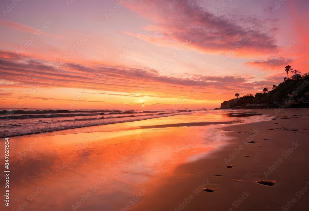 Obraz premium Sunset on beach with reflection on wet sand.