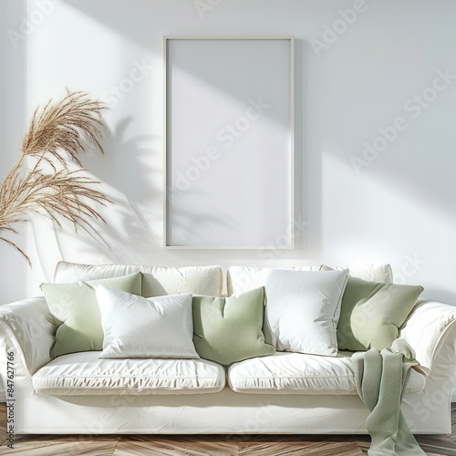 French Country Living Room with White Sofa, Light Green Pillows, and Blank Mock Up Frame on Wall