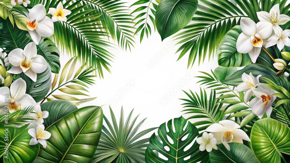 A mix of various tropical leaves and white orchids leaving a clear middle area for text A mix of various tropical leaves and white orchids leaving a clear middle area for text