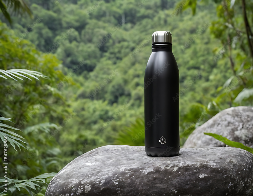 Sleek black reusable water bottle on a rock with a lush green backdrop. Ideal for eco-conscious or outdoor adventure brands.