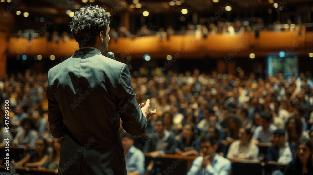 Motivational speaker addressing a large audience in a conference hall, inspiring atmosphere Motivational speaker addressing a large audience in a conference hall, inspiring atmosphere