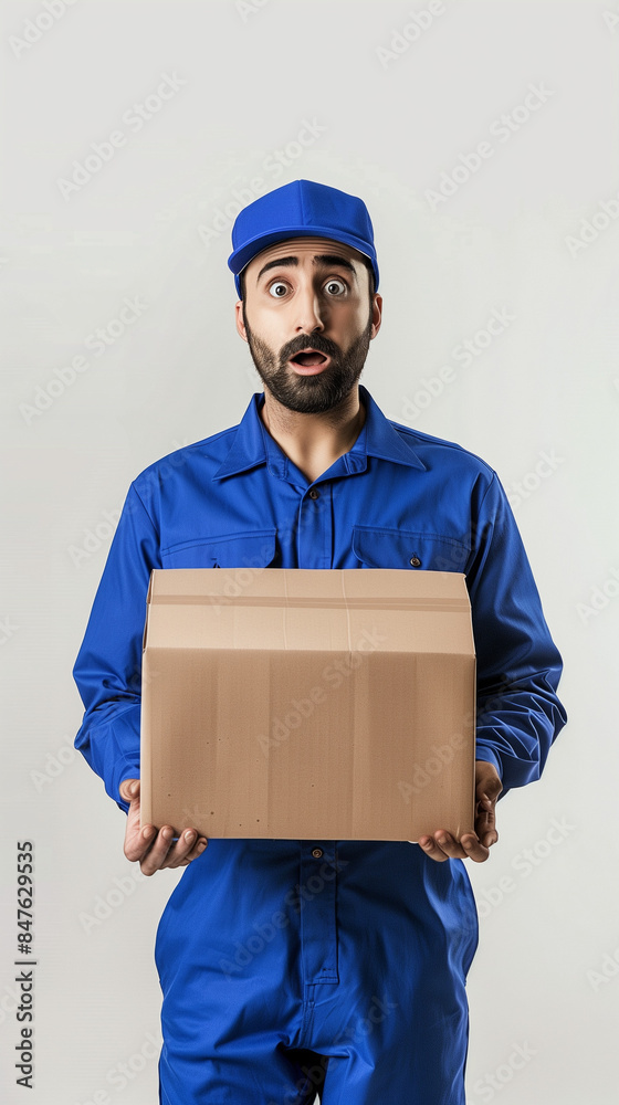 courier man with a shocked expression carrying an empty cardboard box, white photo studio background, the man is wearing a courier uniform and blue hat, Ai generated Images courier man with a shocked expression carrying an empty cardboard box, white photo studio background, the man is wearing a courier uniform and blue hat, Ai generated Images