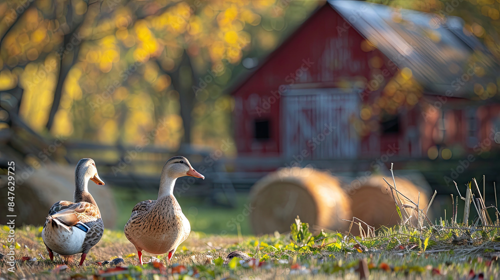 Fototapeta premium duck on the farm, Ducks in Barnyard Cozy blurred background image of ducks waddling around a barnyard, with a red barn and hay bales