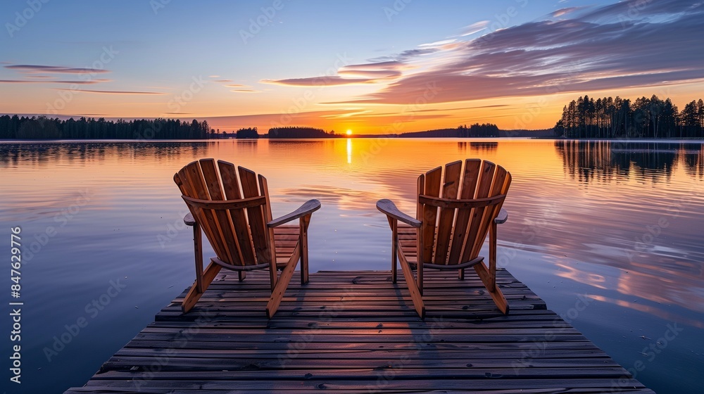 Fototapeta premium Two wooden chairs on a wood pier overlooking a lake at sunset in Finland 32k, full ultra hd, high resolution --ar 169 --no noise --v 6.0 - Upscaled (Subtle) by @Muhammad Ismail (relaxed)