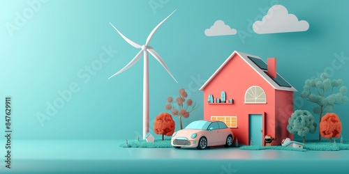 minimalist scene featuring house, electric car, wind turbine, and trees, all in a pastel color palette. emphasizes sustainable living and clean energy with a serene, modern aesthetic