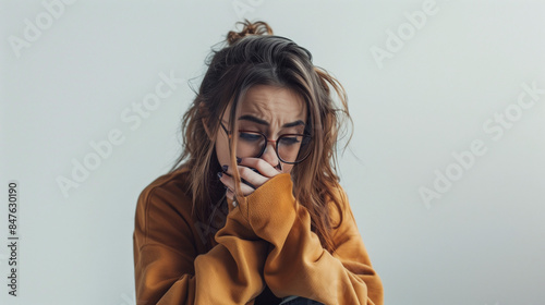 woman wearing glasses with a sad expression and wanting to cry, white background, Ai generated Images
