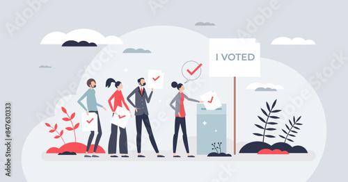 Voting and elections as democratic community process tiny person concept. Political choice and patriotic activism with ballot and parliament options vector illustration. Referendum citizen activism.