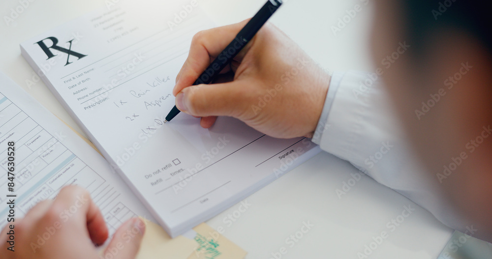 Doctor, hands and writing with document for prescription, dosage or information on medication above at hospital. Person in healthcare, employee filling in for and sick note at consultation at clinic Doctor, hands and writing with document for prescription, dosage or information on medication above at hospital. Person in healthcare, employee filling in for and sick note at consultation at clinic