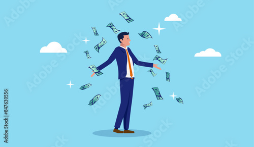 Vector businessman making money - Man in corporate suit standing with arms out, smiling while money raining down. Business income, investor profits and earnings concept in flat design