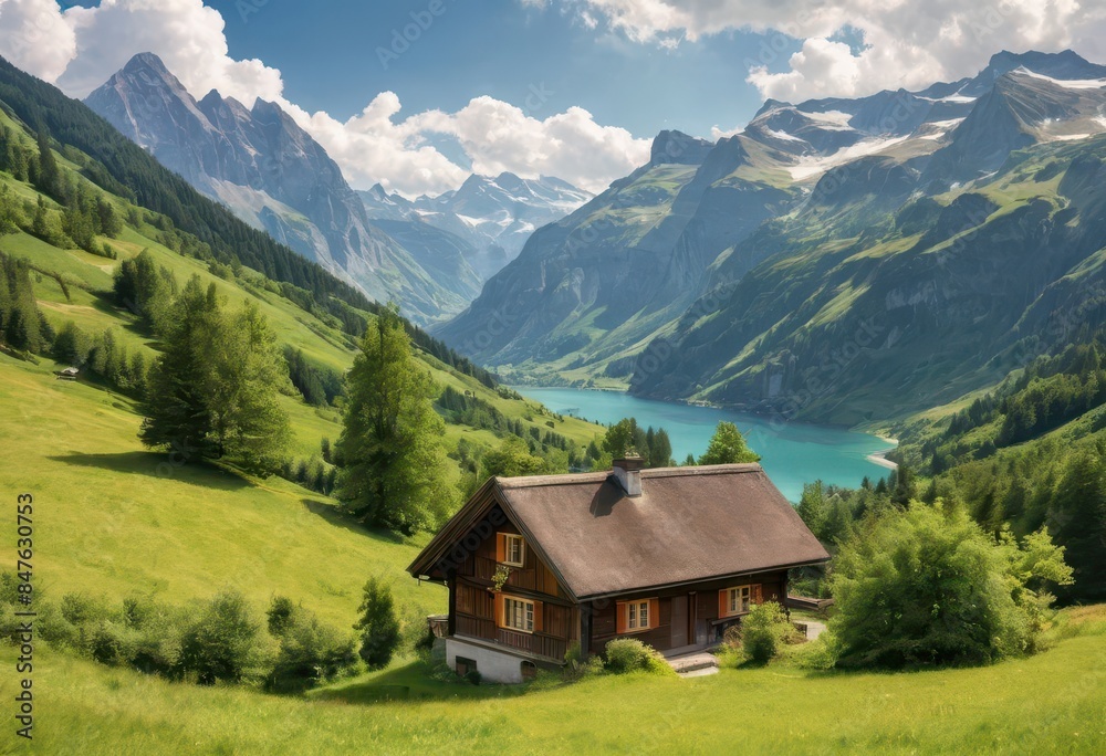 A picturesque alpine village with a chalet nestled in a valley, surrounded by lush greenery and majestic mountains. A picturesque alpine village with a chalet nestled in a valley, surrounded by lush greenery and majestic mountains.