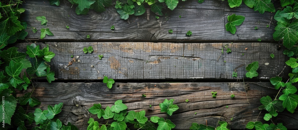 Old wooden plank, grass, and green leaves form a picturesque summer setting. Old wooden plank, grass, and green leaves form a picturesque summer setting.