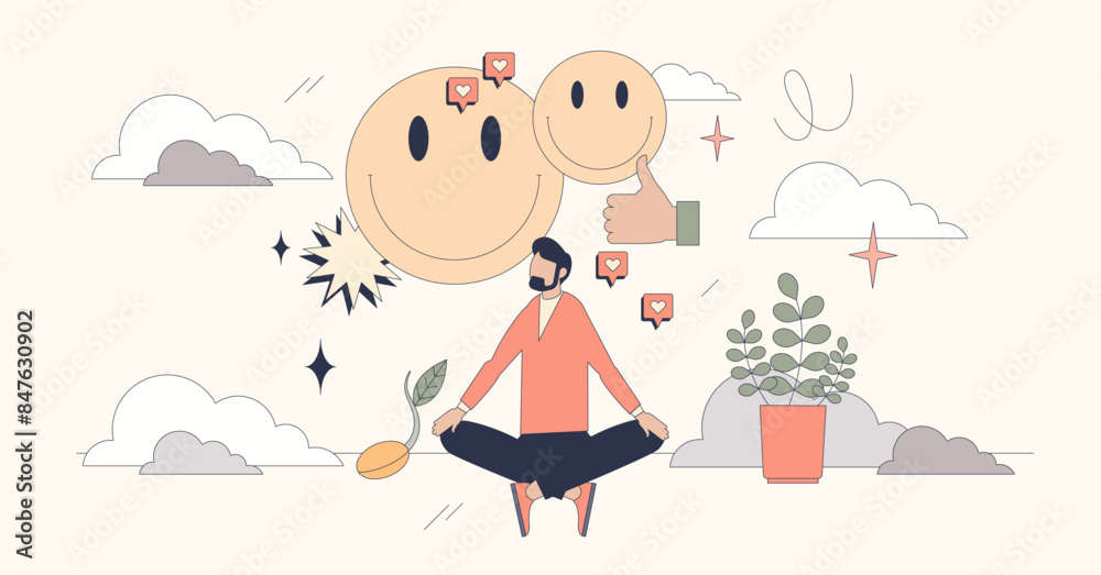 Positive thinking and happy mental emotions tiny person neubrutalism concept. Optimistic mind thoughts, feelings and expressions vector illustration. Mindset and attitude awareness for wellness. Positive thinking and happy mental emotions tiny person neubrutalism concept. Optimistic mind thoughts, feelings and expressions vector illustration. Mindset and attitude awareness for wellness.